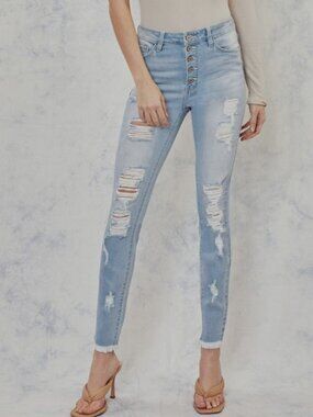 KanCan Ripped, High-Rise Skinny Jeans Sz 26 Light Wash, Button-Up, Rolled Ankle